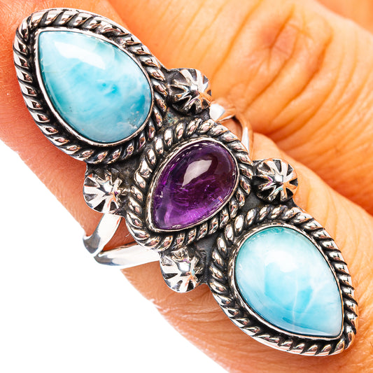 Sterling silver oval gemstone ring with blue larimar and oval amethyst center stone