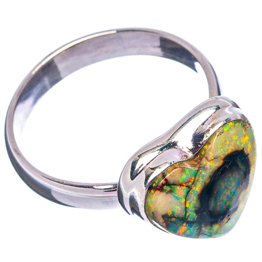 Sterling silver band ring with heart opal cabochon, multicolor iridescent center