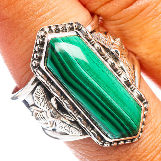 Green malachite gemstone sterling silver ring with oval bezel and ornate side details