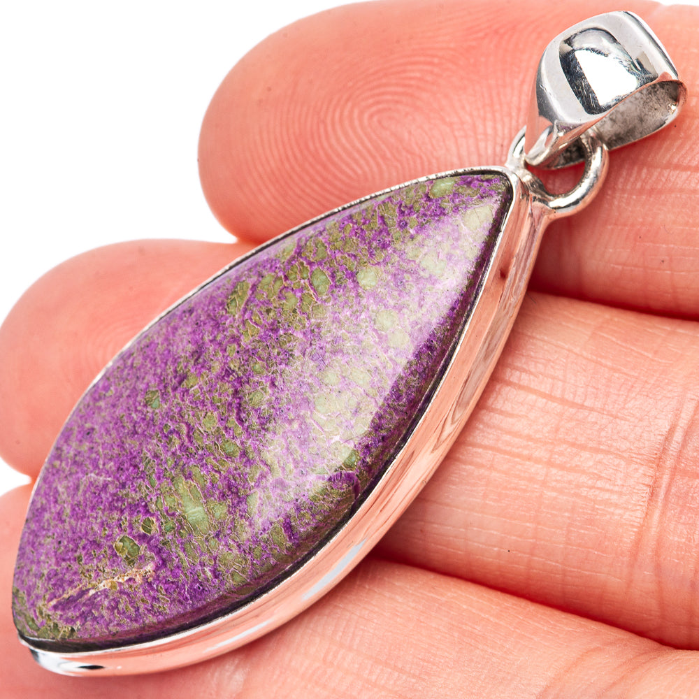 Purple-green stichtite teardrop pendant, polished 925 sterling silver bezel