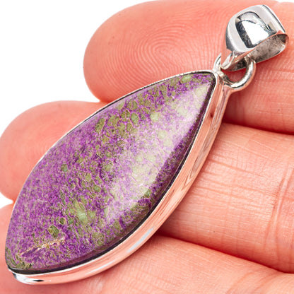 Purple-green stichtite teardrop pendant, polished 925 sterling silver bezel