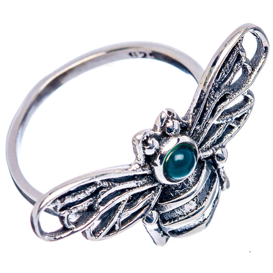 Dainty silver bee ring with green oval stone and raised wings, size 6.75 (.925)