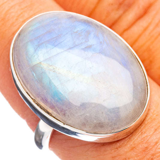 Oval rainbow moonstone ring on .925 sterling silver band, size 9