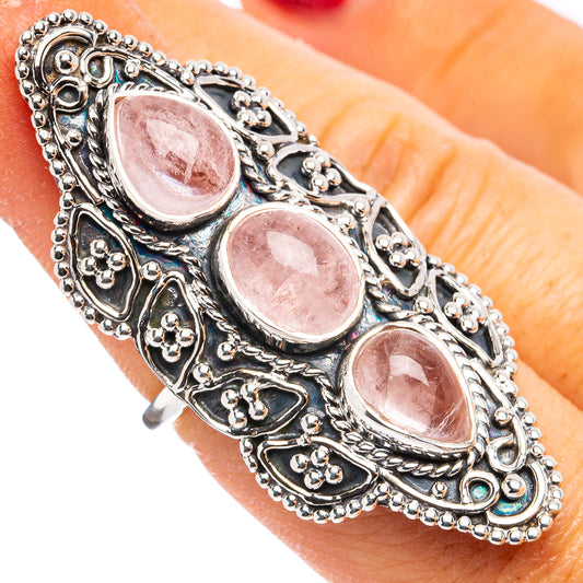 Silver filigree ring with three oval pink stones, size 6.75