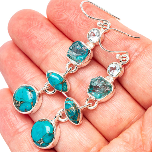 Blue Copper Composite Turquoise, Apatite, Blue Topaz Earrings 2 1/4" (925 Sterling Silver) E1592