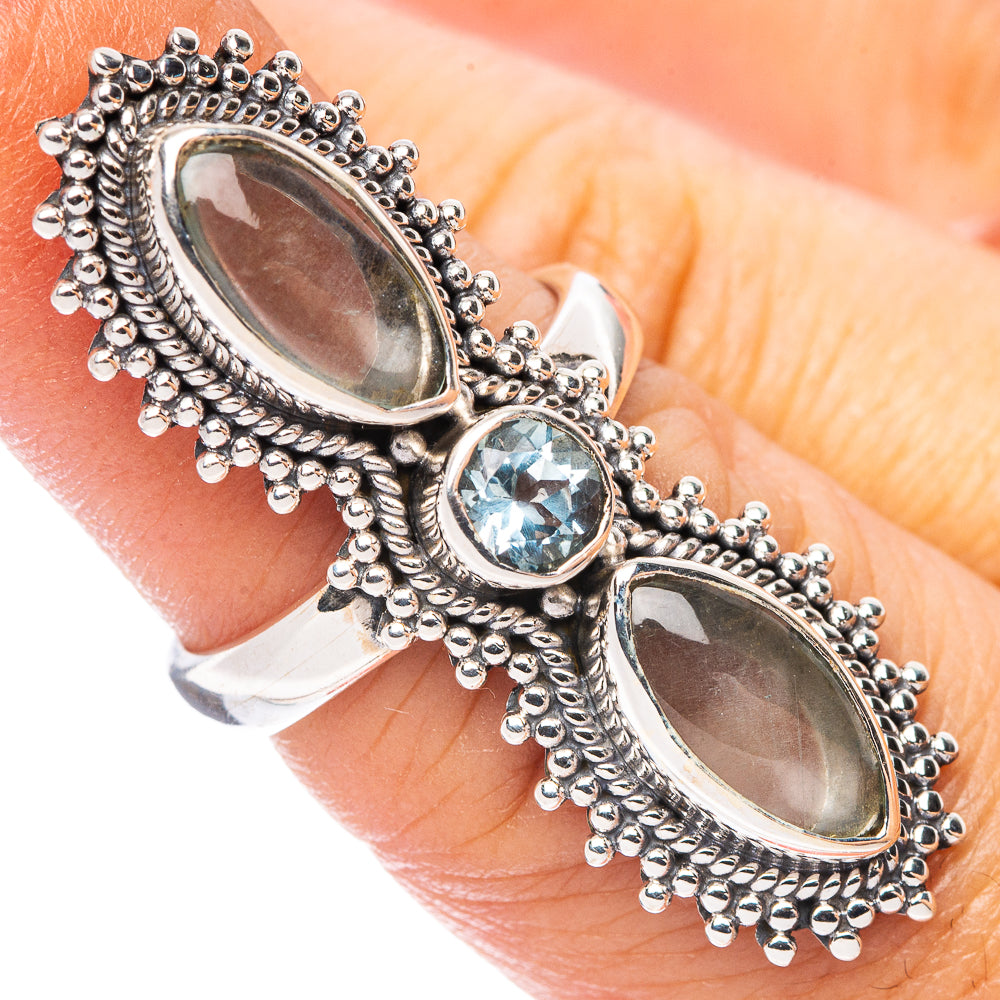 925 sterling silver ring with oval labradorite and round blue topaz