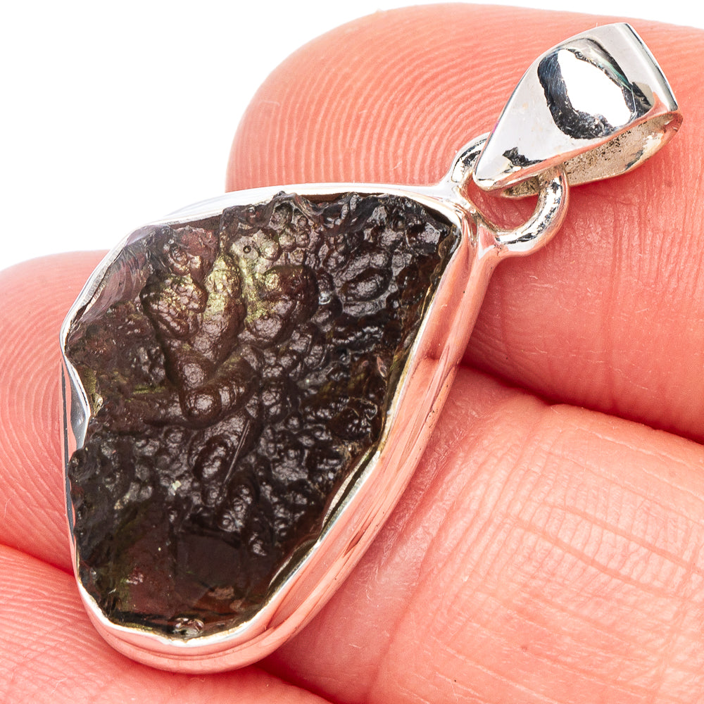 Rare Moldavite pendant in 925 sterling silver bezel, dark green-brown rough stone