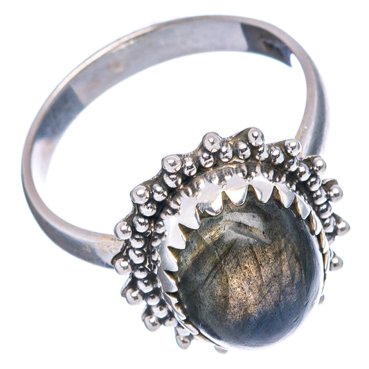 Labradorite ring size 6.5 with dark oval gemstone blue sheen, bead-and-prong scalloped edge