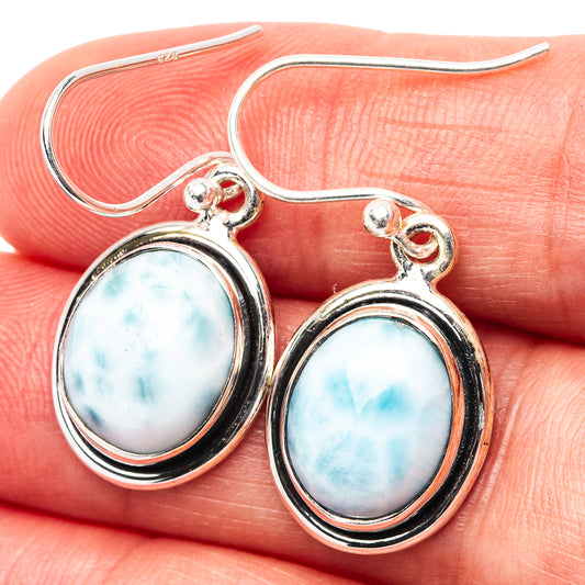 Larimar drop earrings in .925 sterling silver with blue oval stones, fishhook backs.