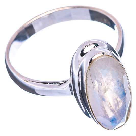 Sterling silver oval moonstone ring with iridescent rainbow facets, size 8.5