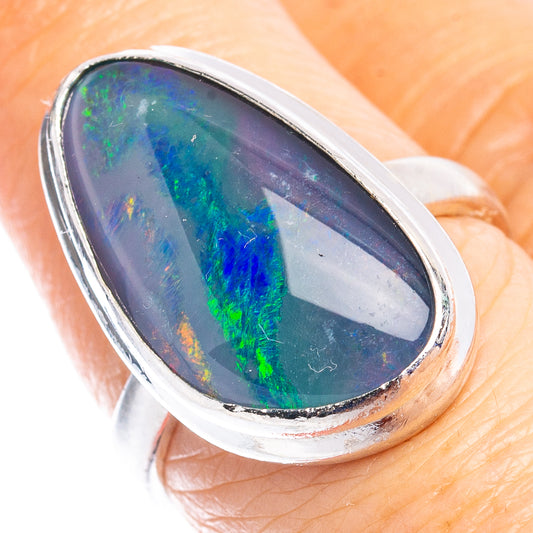 Sterling silver opal triplet ring with oval bezel, green-blue fire flashes