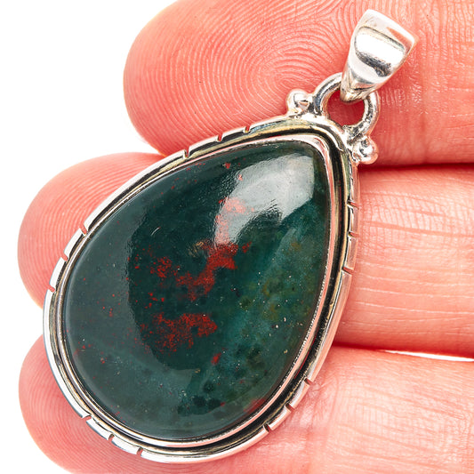 Sterling silver bloodstone pendant with teardrop green stone and red speckles