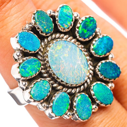 Sterling silver opal doublet ring with oval blue-green stone cluster, size-adjustable