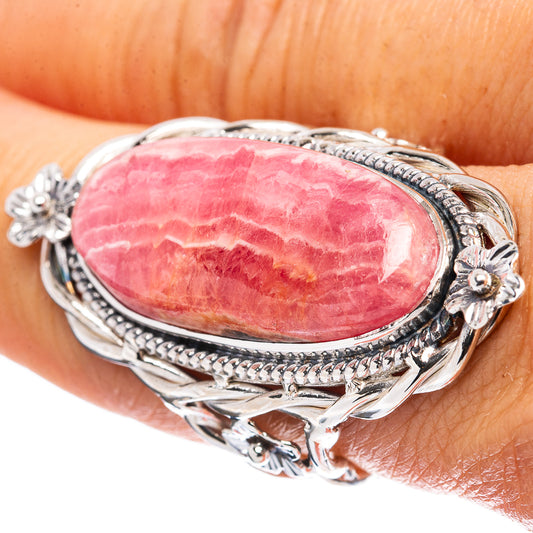 Oval pink rhodochrosite set in sterling silver filigree ring, size 7