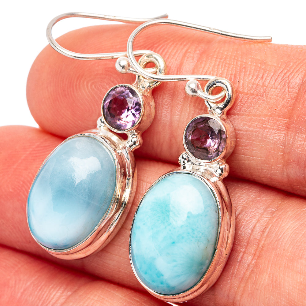 Rare Larimar, Amethyst Earrings 1 1/2" (.925 Sterling Silver)