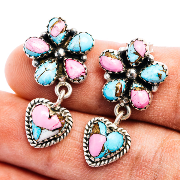 Exclusive Southwestern Style Cotton Candy Turquoise Flower Heart Earring 1 1/4" (.925 Sterling Silver)
