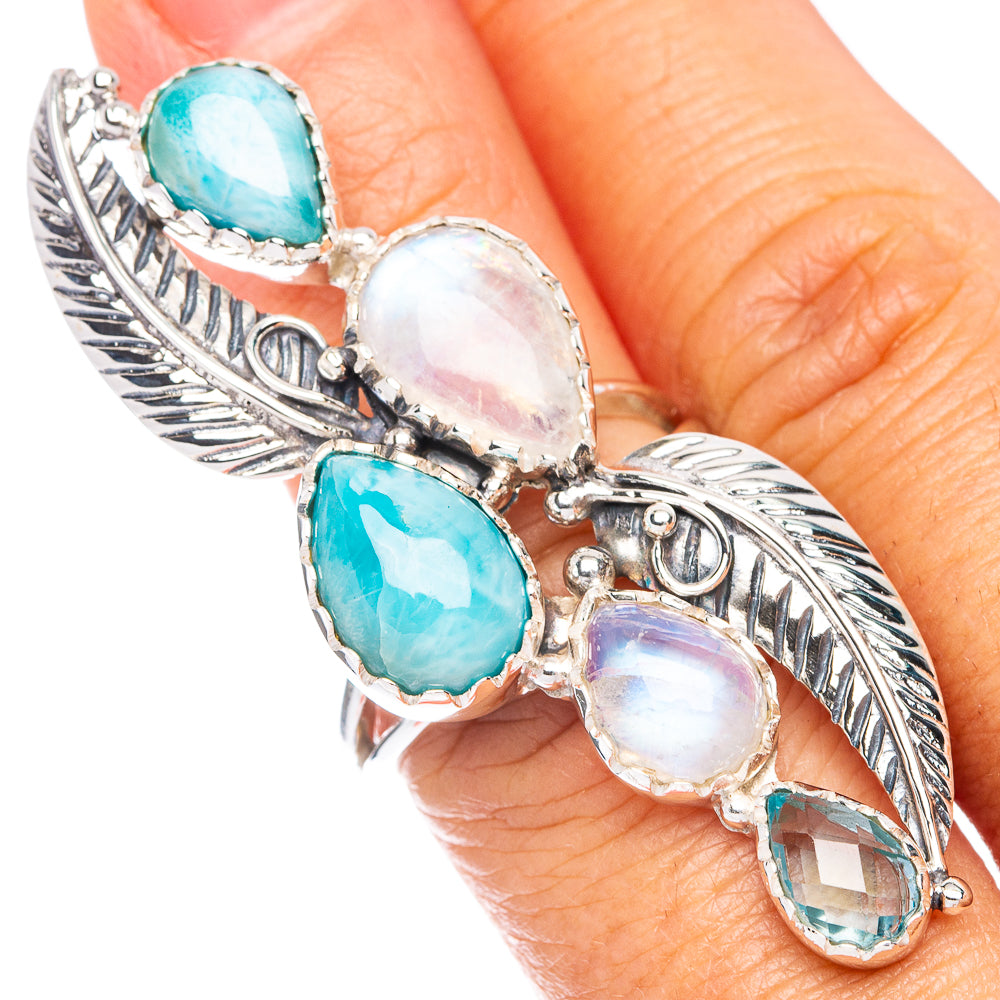 925 sterling silver ring with oval larimar and moonstone cabochons, leaf-style prongs