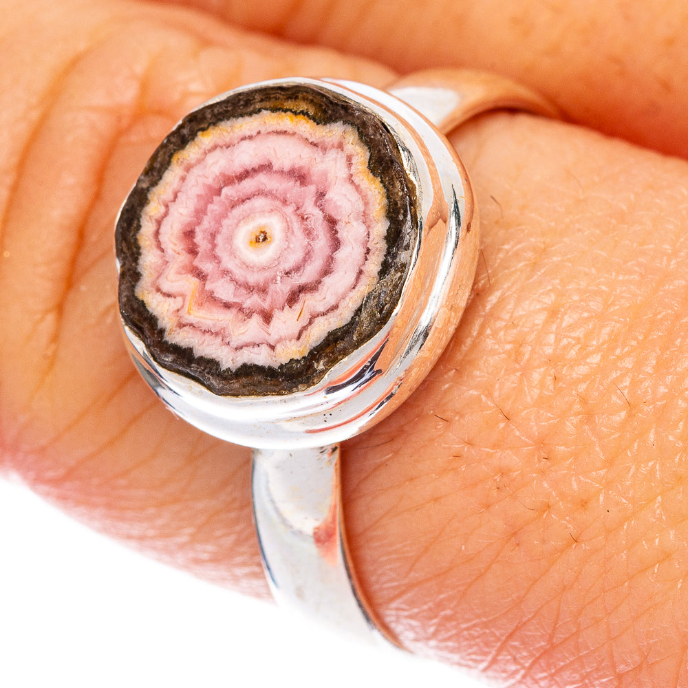 Size 9 sterling silver ring with rhodochrosite stalactite cabochon, pink concentric layers