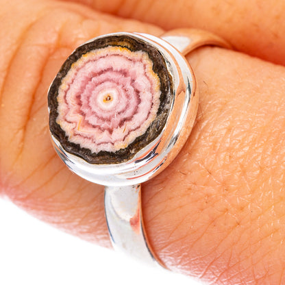Size 9 sterling silver ring with rhodochrosite stalactite cabochon, pink concentric layers