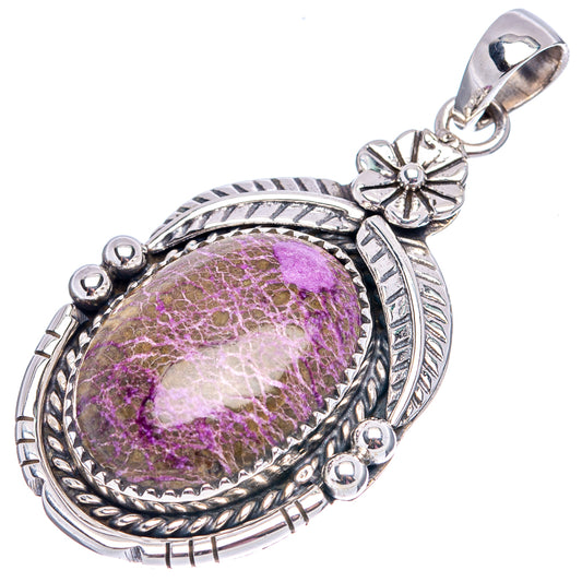 Sterling silver purpurite pendant with round purple cabochon and ornate twisted bezel
