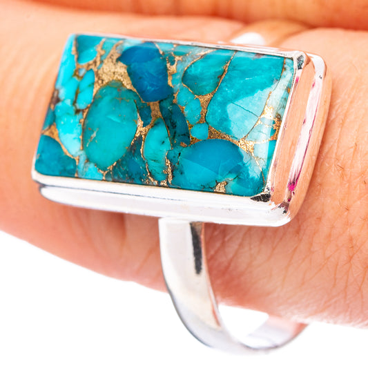 Turquoise copper ring with rectangular gold-matrix stone and .925 sterling silver band