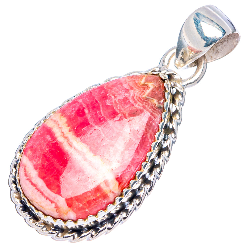 Rhodochrosite teardrop pendant with braided .925 sterling silver border and loop bail