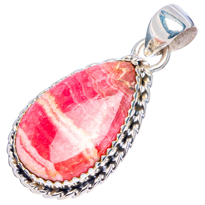 Rhodochrosite teardrop pendant with braided .925 sterling silver border and loop bail