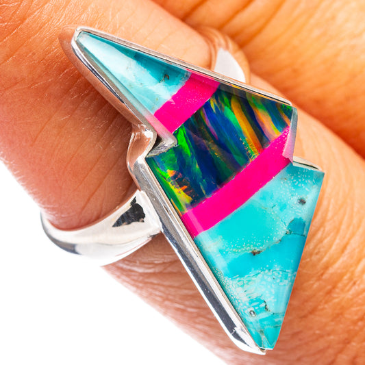 Sterling silver opal bolt ring with turquoise triangular center and pink border