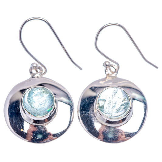 Round sterling silver drop earrings with light blue aquamarine cabochon bezel setting