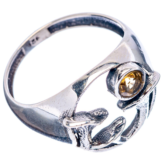 Sterling silver mushroom ring with citrine yellow gemstone and leaf-like detail, size 8