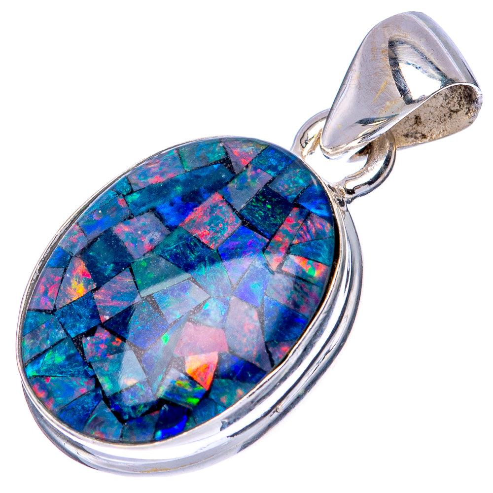 Sterling silver opal triplet teardrop pendant with colorful mosaic, side view bail