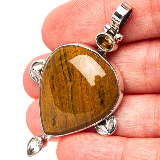 Tiger's eye pendant with citrine stone, .925 sterling silver, oval bezel and drops