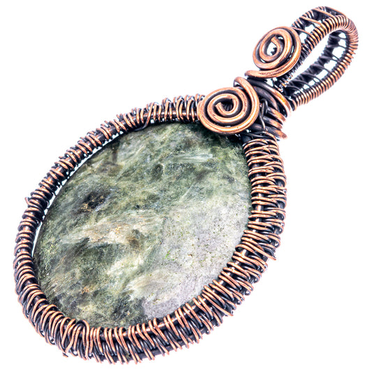 Oxidized copper wire-wrapped teardrop seraphinite pendant with spiral wire details