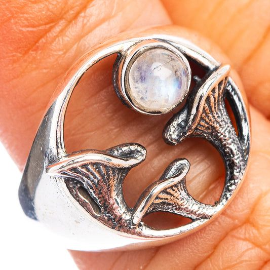 Size 6 .925 sterling silver mushroom ring with round rainbow moonstone cabochon