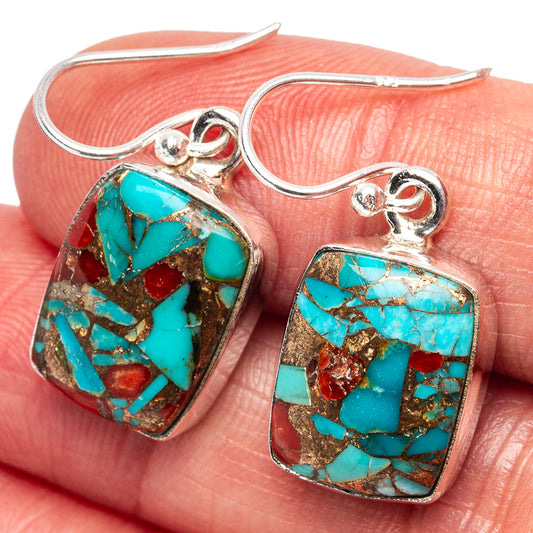 Turquoise and coral matrix drop earrings, square stones on .925 sterling silver hooks