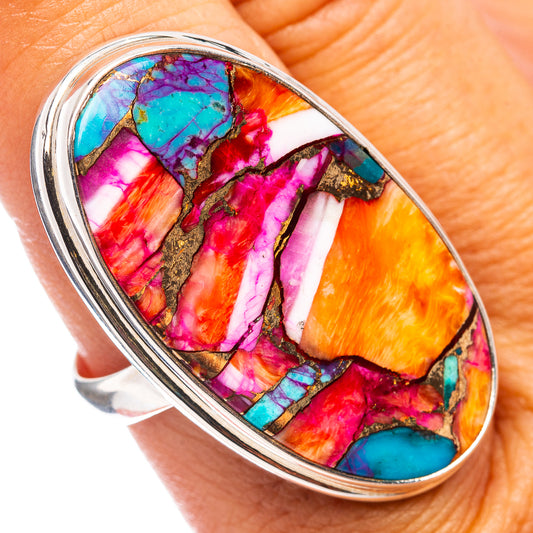 Oval mosaic inlay ring in sterling silver, bright turquoise, pink, orange stone