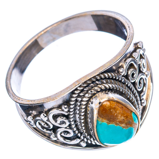 Sterling silver turquoise ring band with ornate scrollwork and oval blue stone bezel
