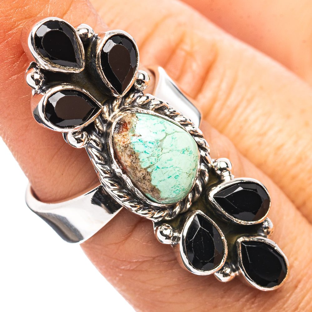 Exclusive Southwestern Style Royston Turquoise, Black Onyx Ring Size 6 Adjustable (.925 Sterling Silver)