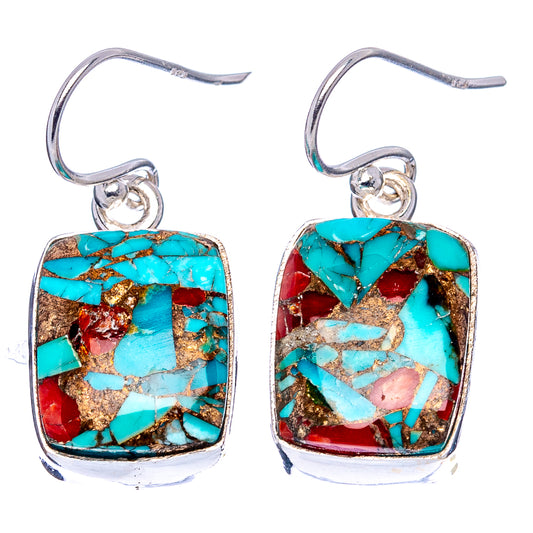Pair of turquoise, coral and gold matrix square earrings on sterling silver fishhooks