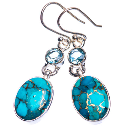 Oval turquoise and round blue topaz drop earrings, 925 sterling silver earwires