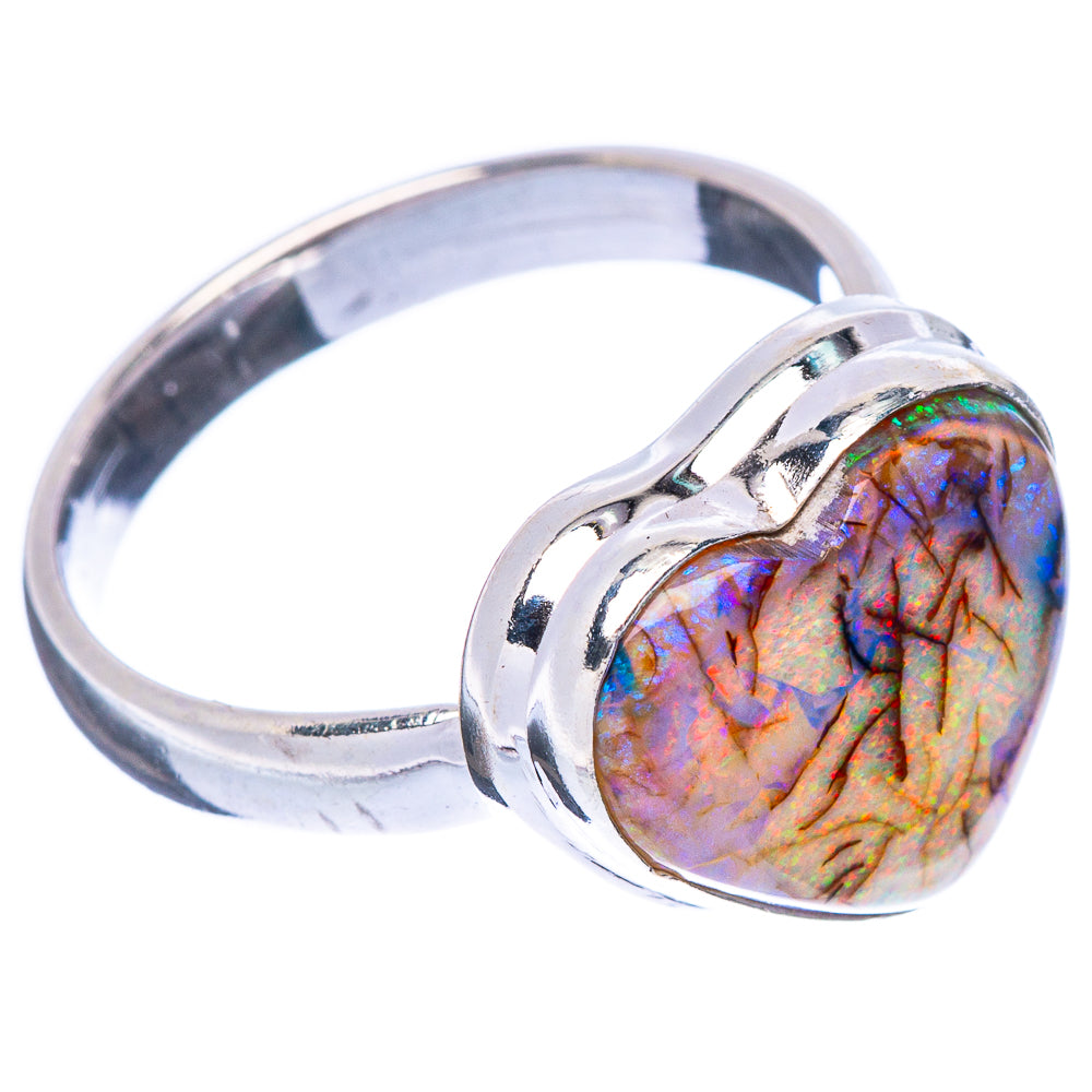 Heart-shaped opal ring, 925 sterling silver band, iridescent multicolor stone