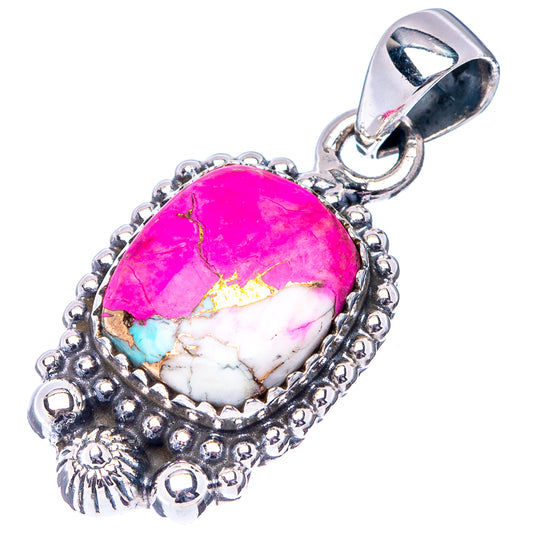Sterling silver oval pendant with hot pink and turquoise cabochon, ornate beaded edges