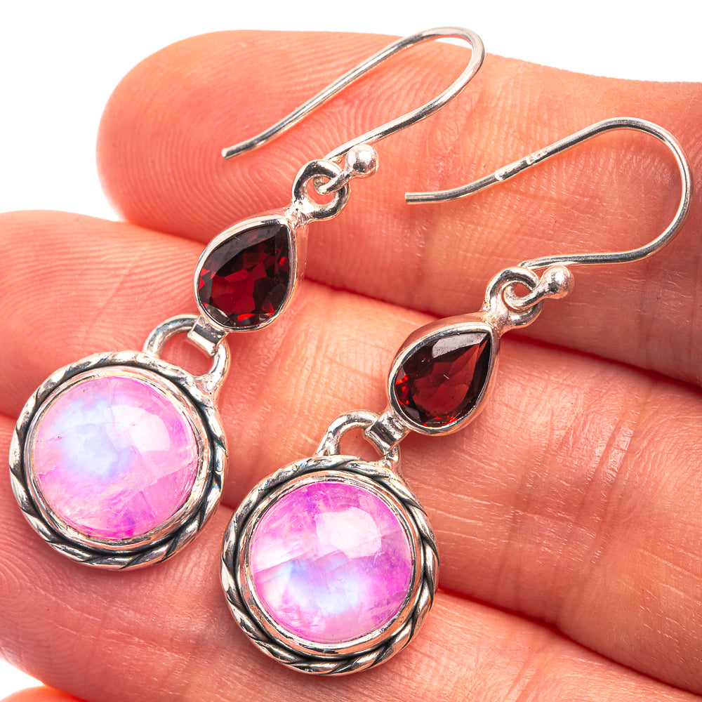 Pink Moonstone, Garnet Earrings 1 1/2" (925 Sterling Silver) E432393