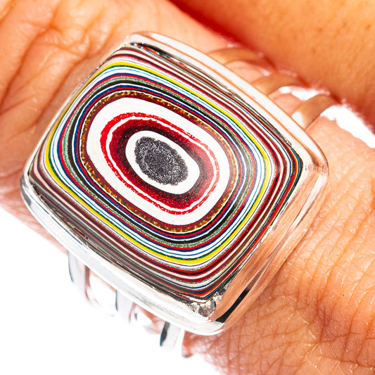 925 sterling silver fordite ring with oval concentric stripe inlay in red, white, black