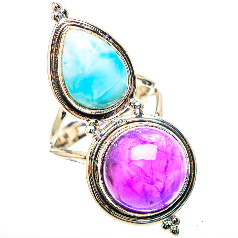 Sterling silver double-stone ring with oval larimar top and amethyst bottom bezel