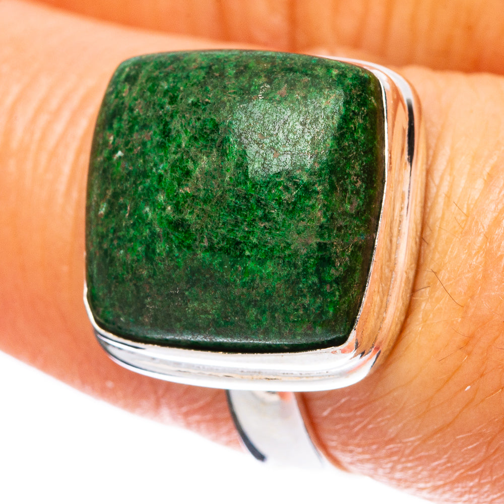 Sterling silver square-stone ring with green bezel