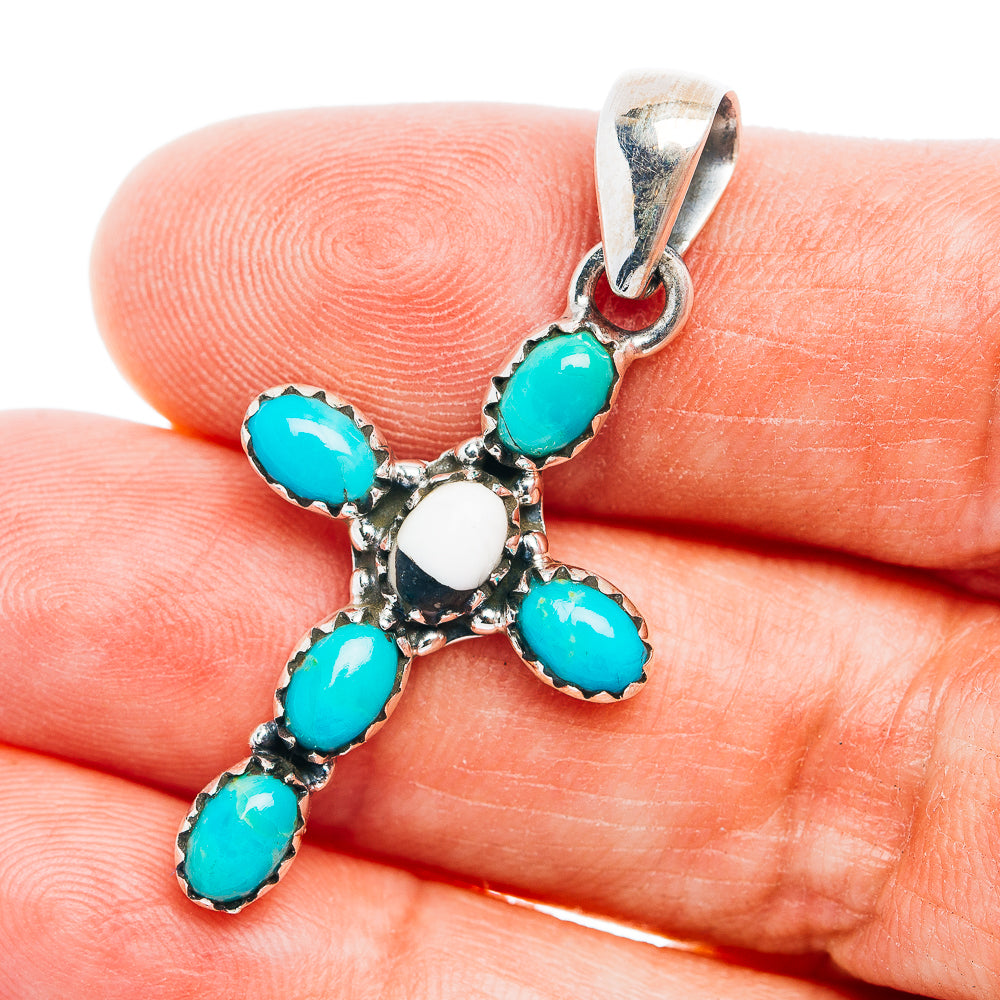 Southwestern Style Kingman Turquoise Cross, White Buffalo Turquoise Pendant 1 5/8" (.925 Sterling Silver)
