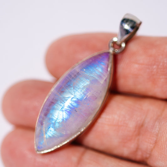 Large AAA Rainbow Moonstone Pendant 1 7/8" (.925 Sterling Silver)
