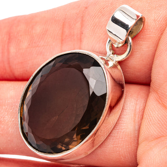 Oval smoky quartz pendant in .925 sterling silver, faceted dark stone with bail