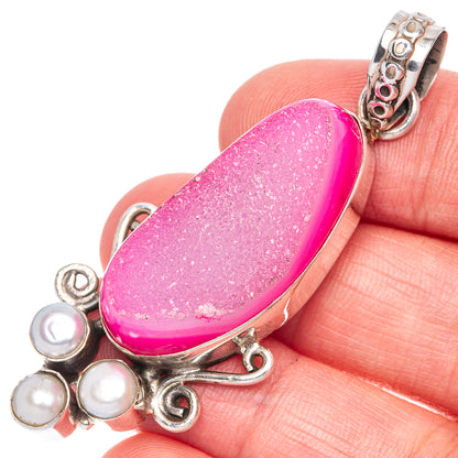 Pink Druzy, Cultured Pearl Pendant 2 3/8" (925 Sterling Silver) P40034